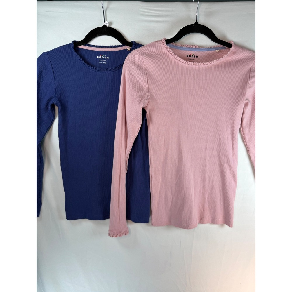 Mini Boden Girls Ribbed Long Sleeve Tops 2PK Navy Pink Lettuce Trim 13-14Y